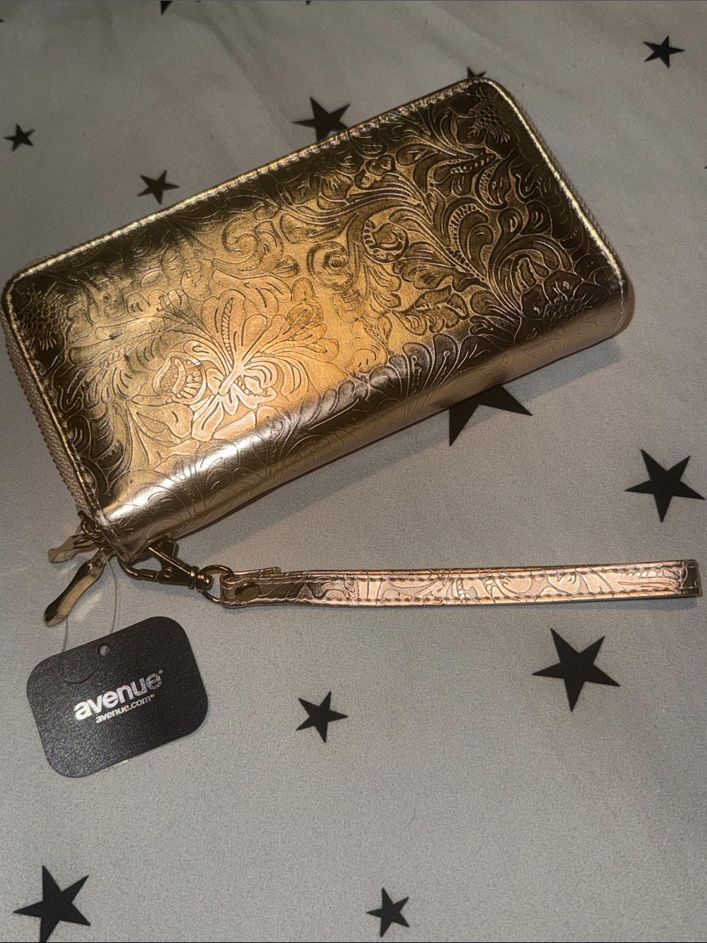 Avenue Embossed Metallic Gold Wristlet Clutch Full Zip Organizer Double Sided